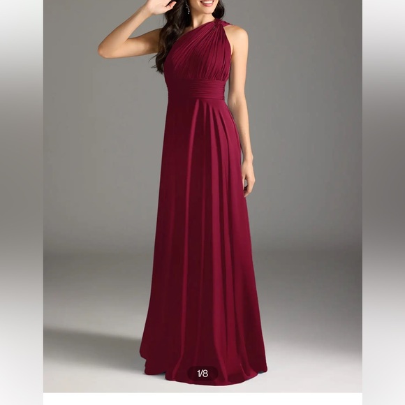 Burgundy A-Line One Shoulder Stretch Satin Dress - Picture 7 of 10